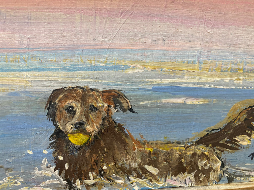 Original reclaimed wood painting  - Dogs in the Surf