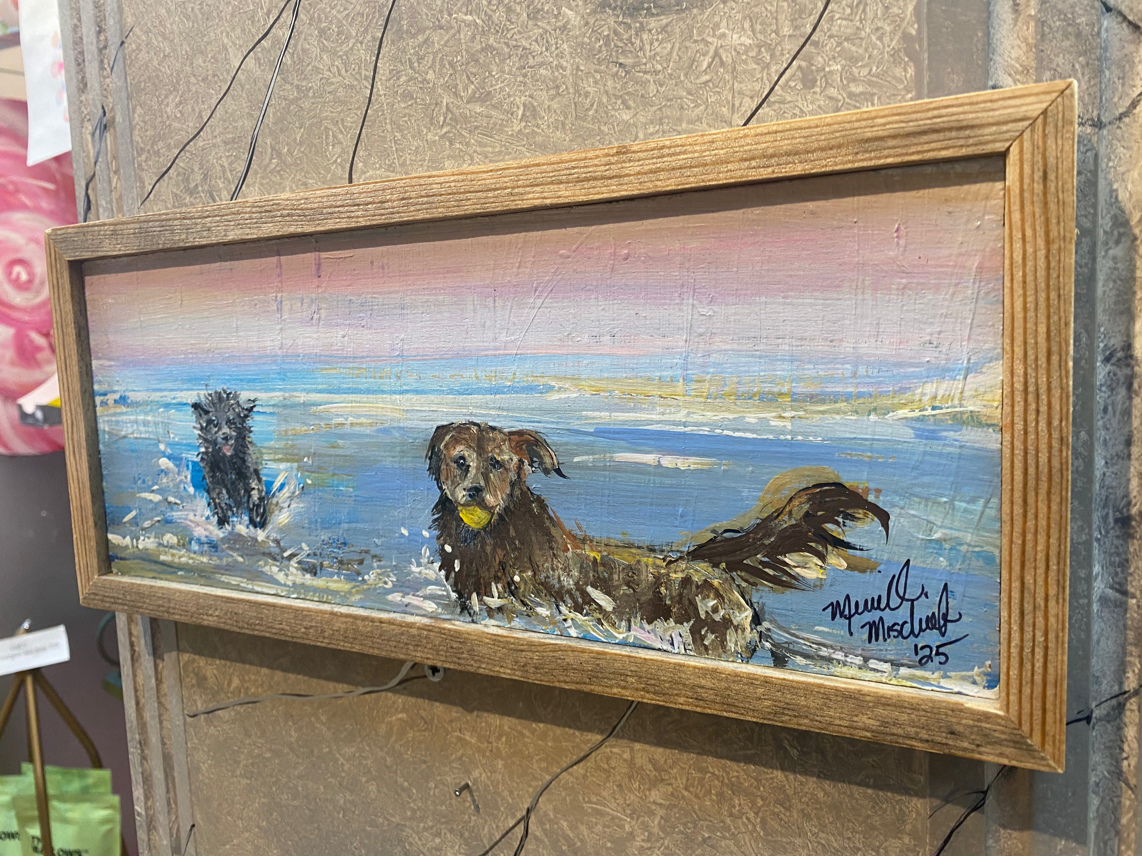 Original reclaimed wood painting  - Dogs in the Surf