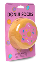 Load image into Gallery viewer, Packaged donut socks with pink icing and colorful sprinkles on a pink background, featuring the brand 'Living Royal'.
