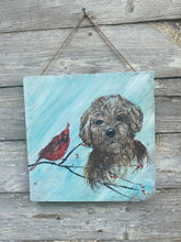 Load image into Gallery viewer, Doodle Dog and Cardinal- Hand-painted Wooden Square Pallet Wood Wall Decor
