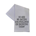 White towel with black text on a white background

