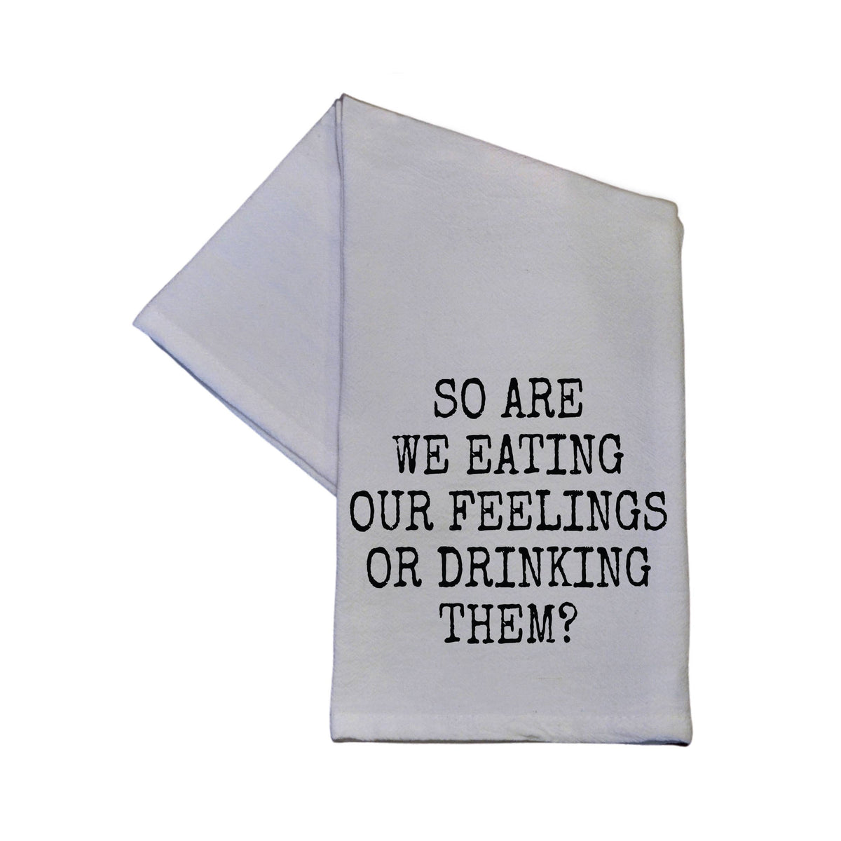 White towel with black text on a white background


