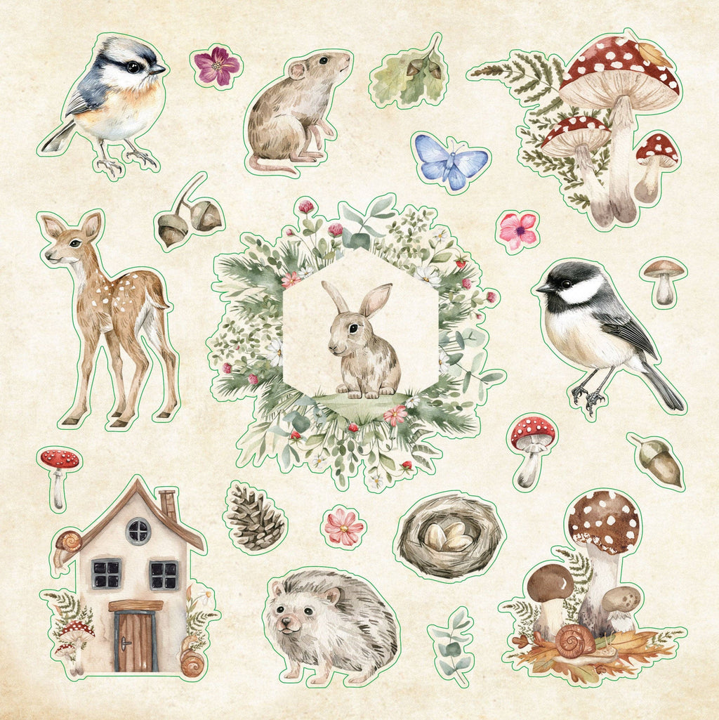 Collection of forest-themed stickers including animals, plants, and a small house on a beige background.
