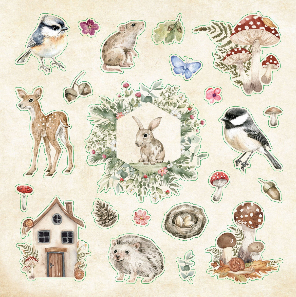 Collection of forest-themed stickers including animals, plants, and a small house on a beige background.