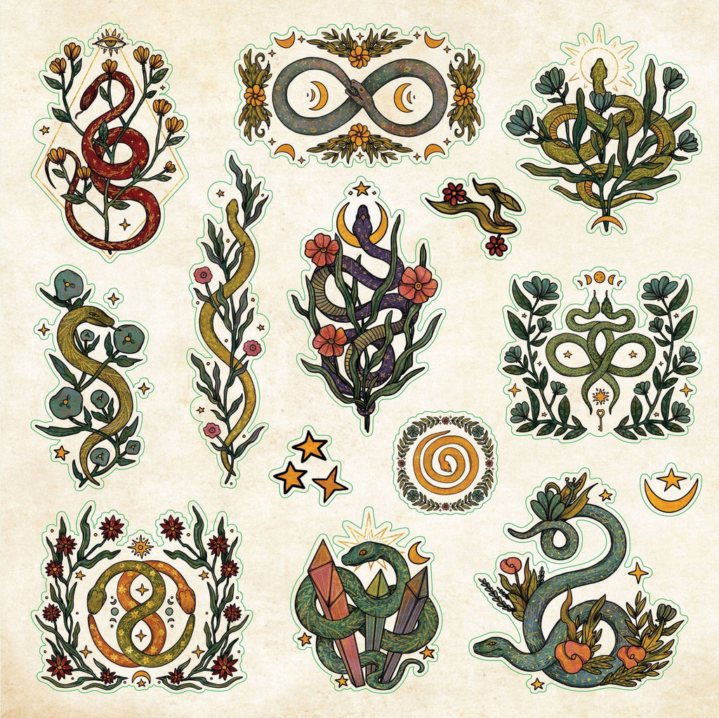 Collection of decorative snake designs with floral elements on a beige background