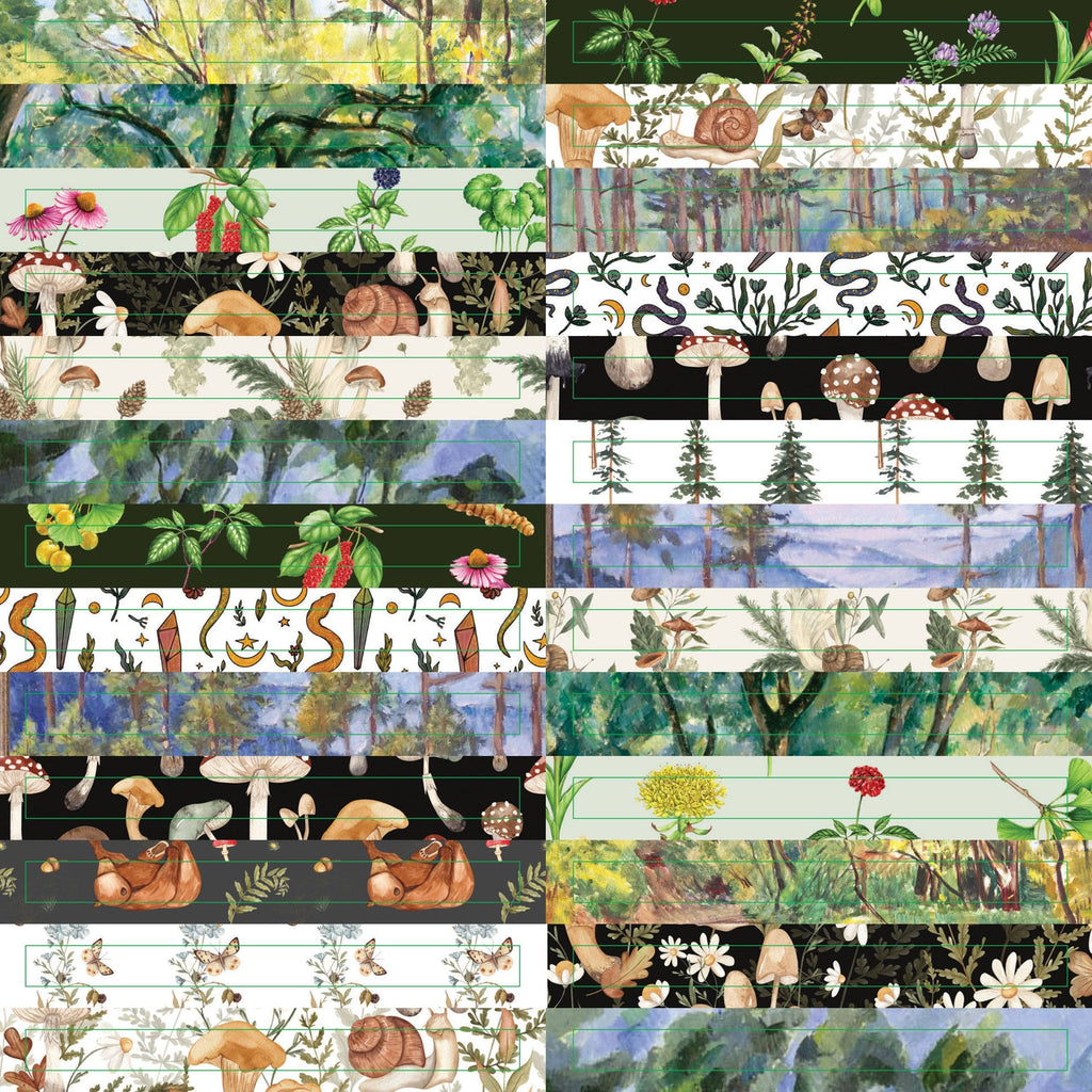Collage of various forest-themed illustrations including trees, animals, and plants.
