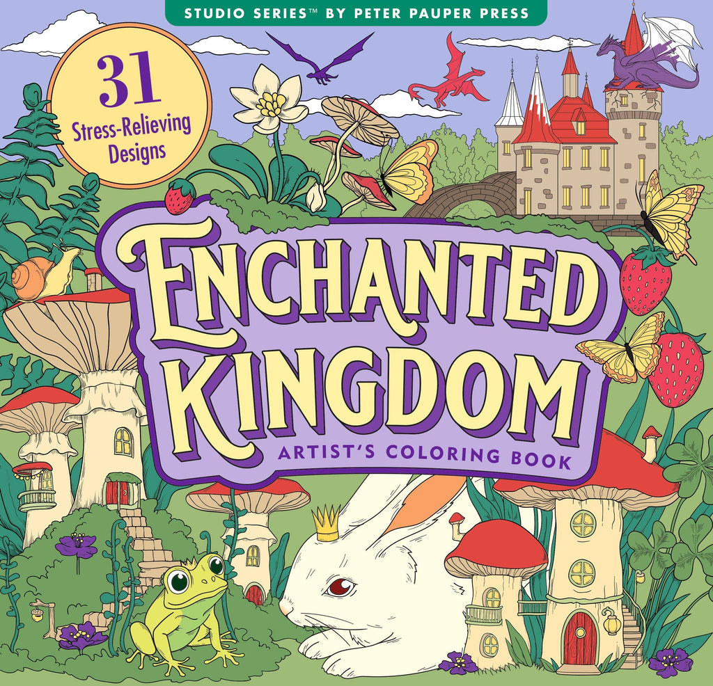 Colorful cover of 'Enchanted Kingdom' coloring book with fantasy elements and 'Studio Series' branding.