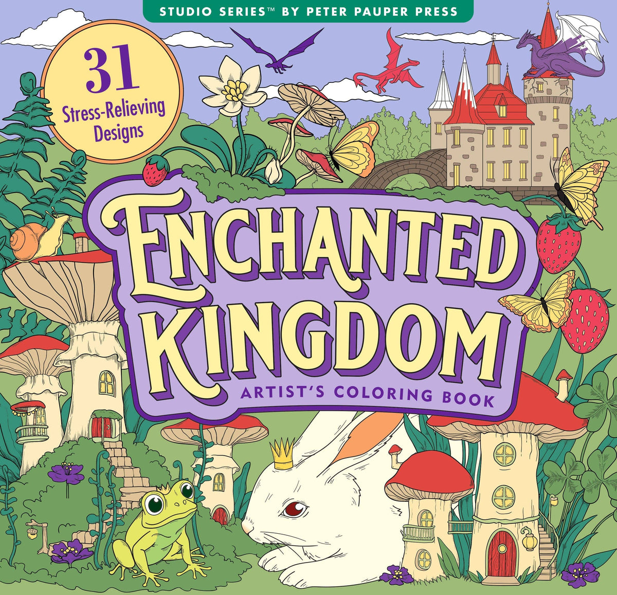Colorful cover of 'Enchanted Kingdom' coloring book with fantasy elements and 'Studio Series' branding.