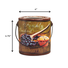 Load image into Gallery viewer, Decorative container with blueberry muffin design and dimensions on a white background
