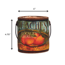 Load image into Gallery viewer, Decorative bucket with 'Peaches Locally Grown' label and dimensions on a white background
