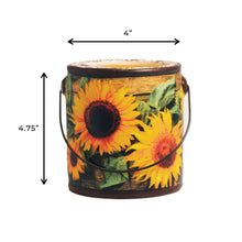 Load image into Gallery viewer, Decorative bucket with sunflower design and measurements on a white background
