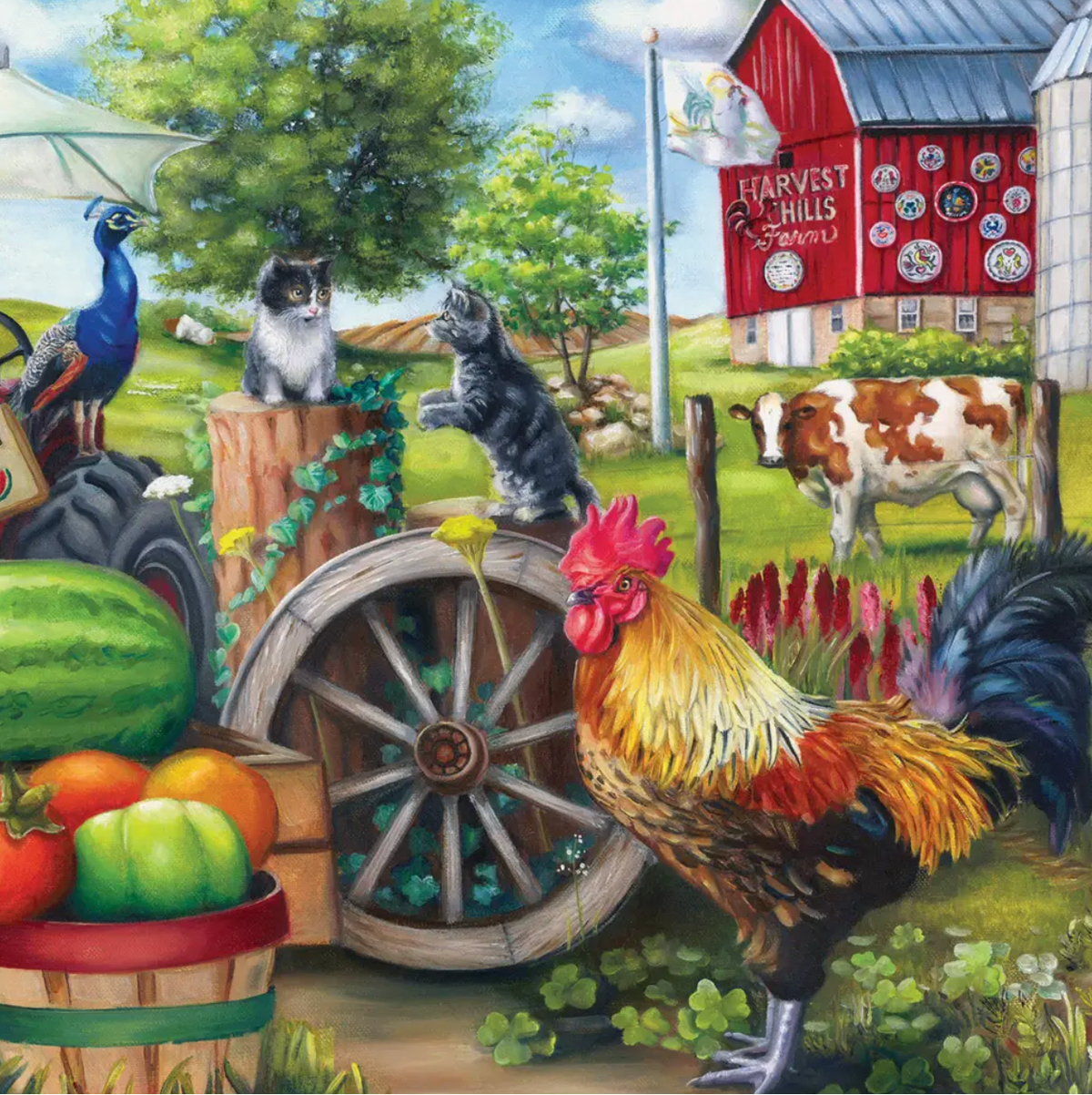 Colorful farm scene with animals and a barn in the background