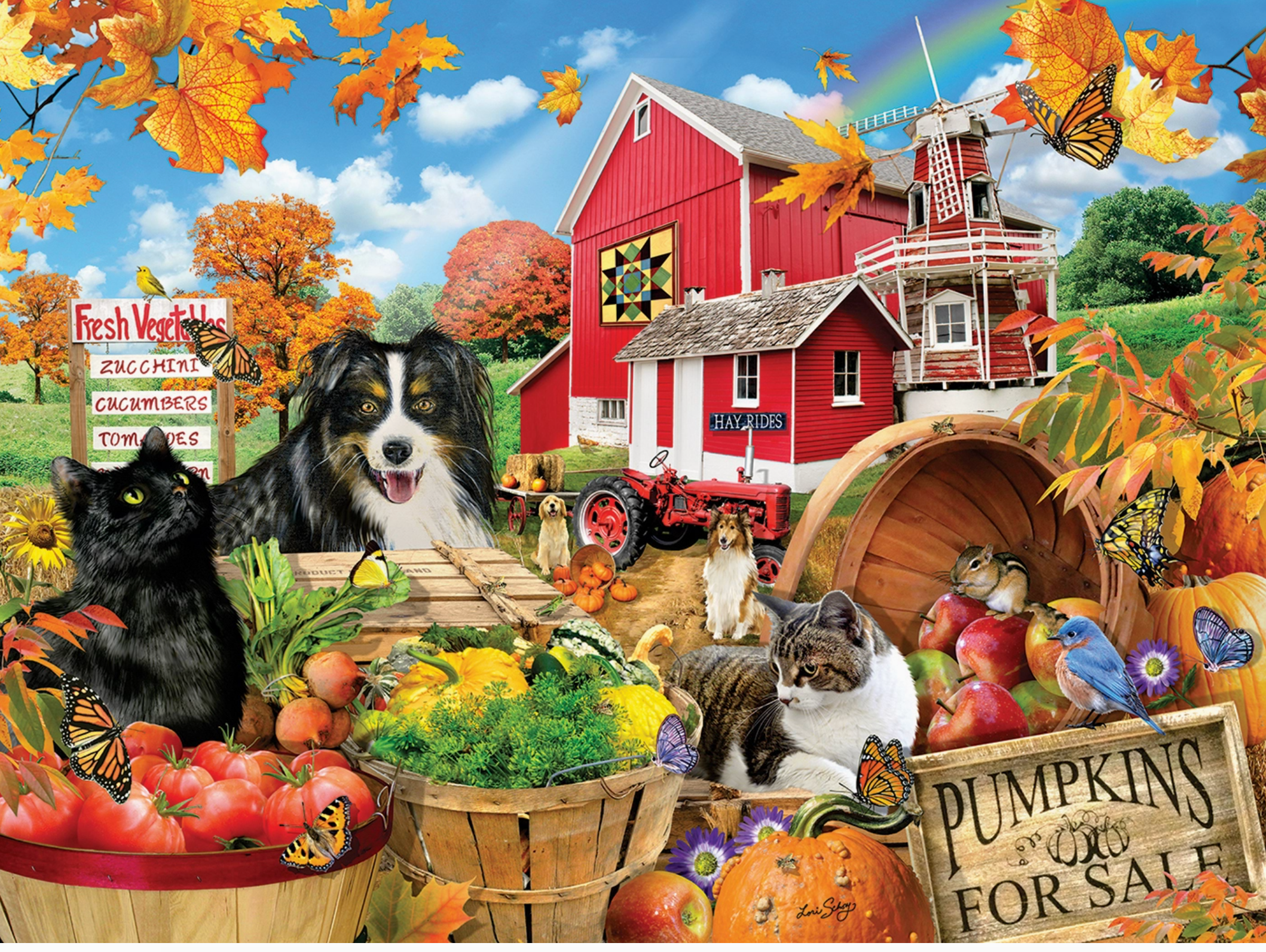 Autumnal scene with a red barn, animals, and pumpkins in a colorful setting.