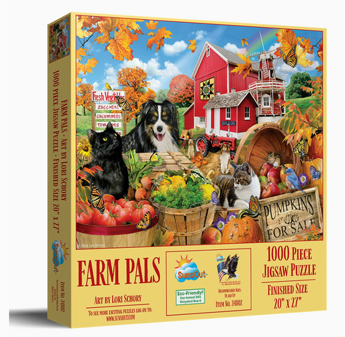 Jigsaw puzzle box featuring farm animals and a barn with colorful autumn elements.

