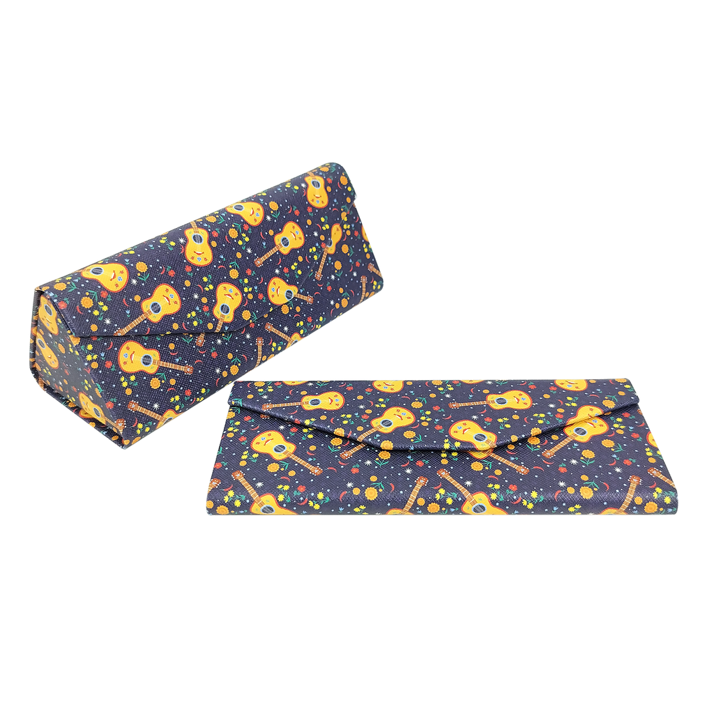 Two patterned cases with guitar design on a white background