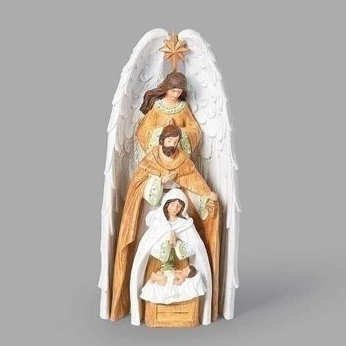 Figurine of a nativity scene with an angel, Mary, and Joseph on a gray background