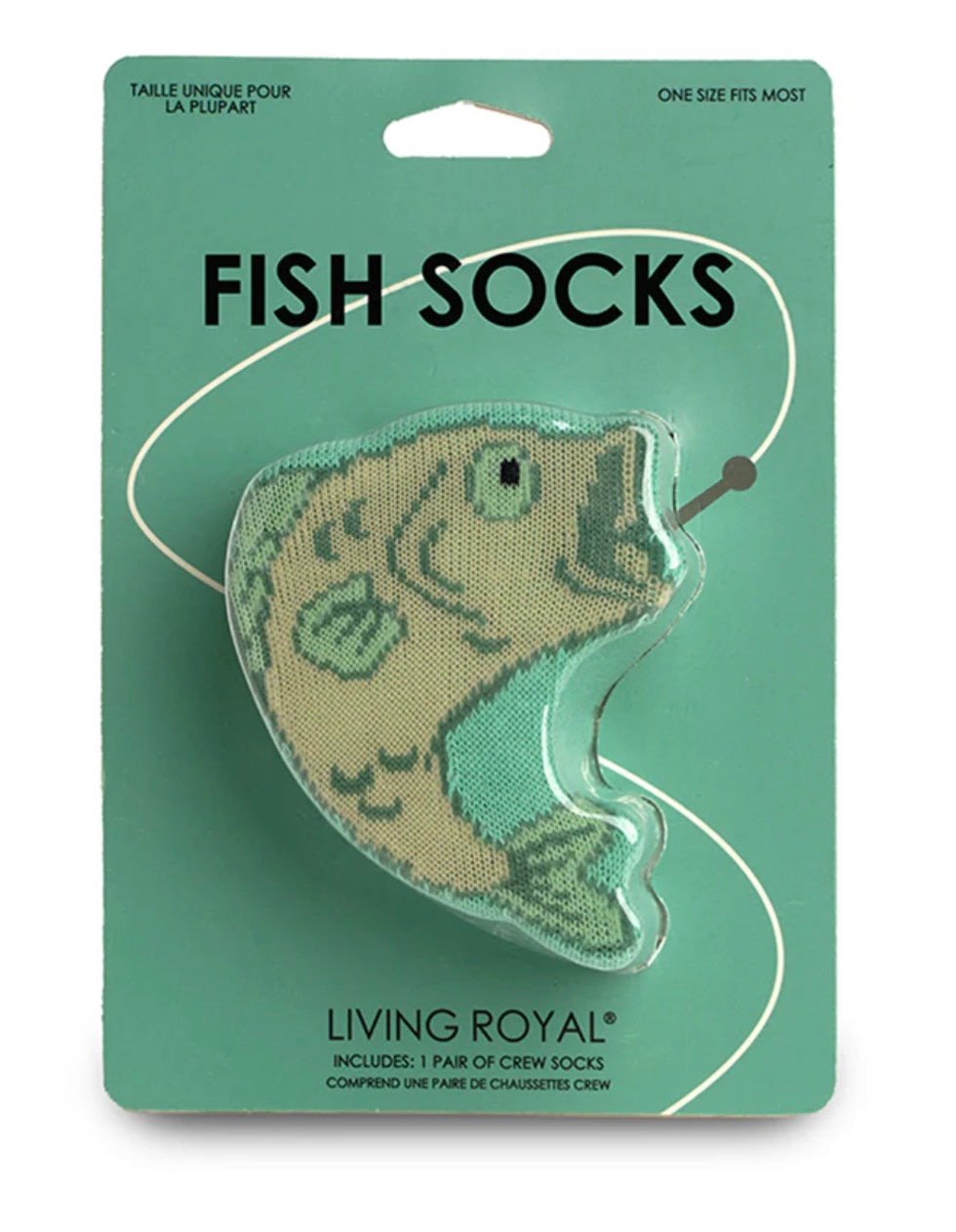 Packaged fish-shaped socks with 'Living Royal' branding on a green background
