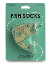 Load image into Gallery viewer, Packaged fish-shaped socks with 'Living Royal' branding on a green background
