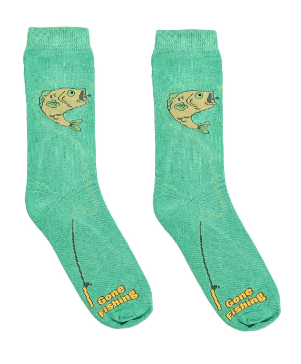 Green socks with fish and 'Gone Fishing' design on a white background