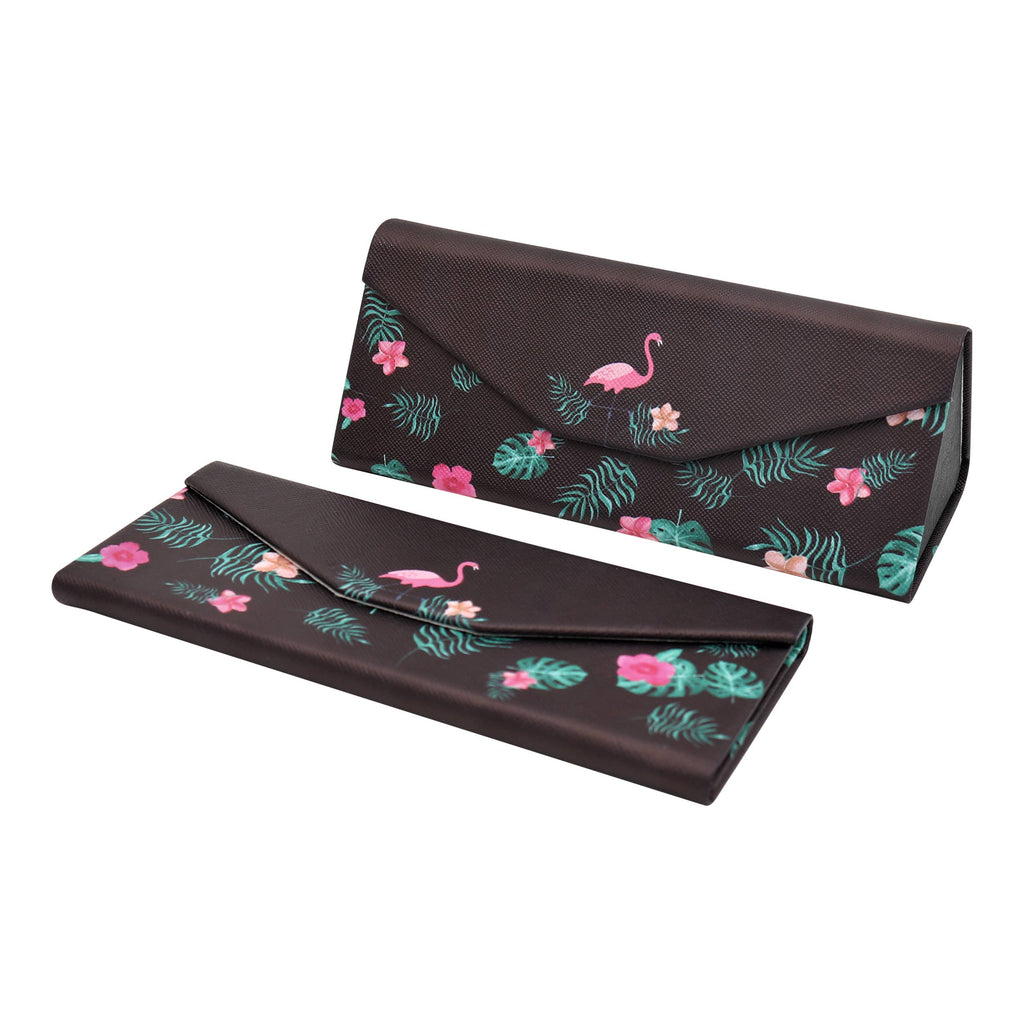Brown eyeglass case with flamingo and leaf pattern on a white background