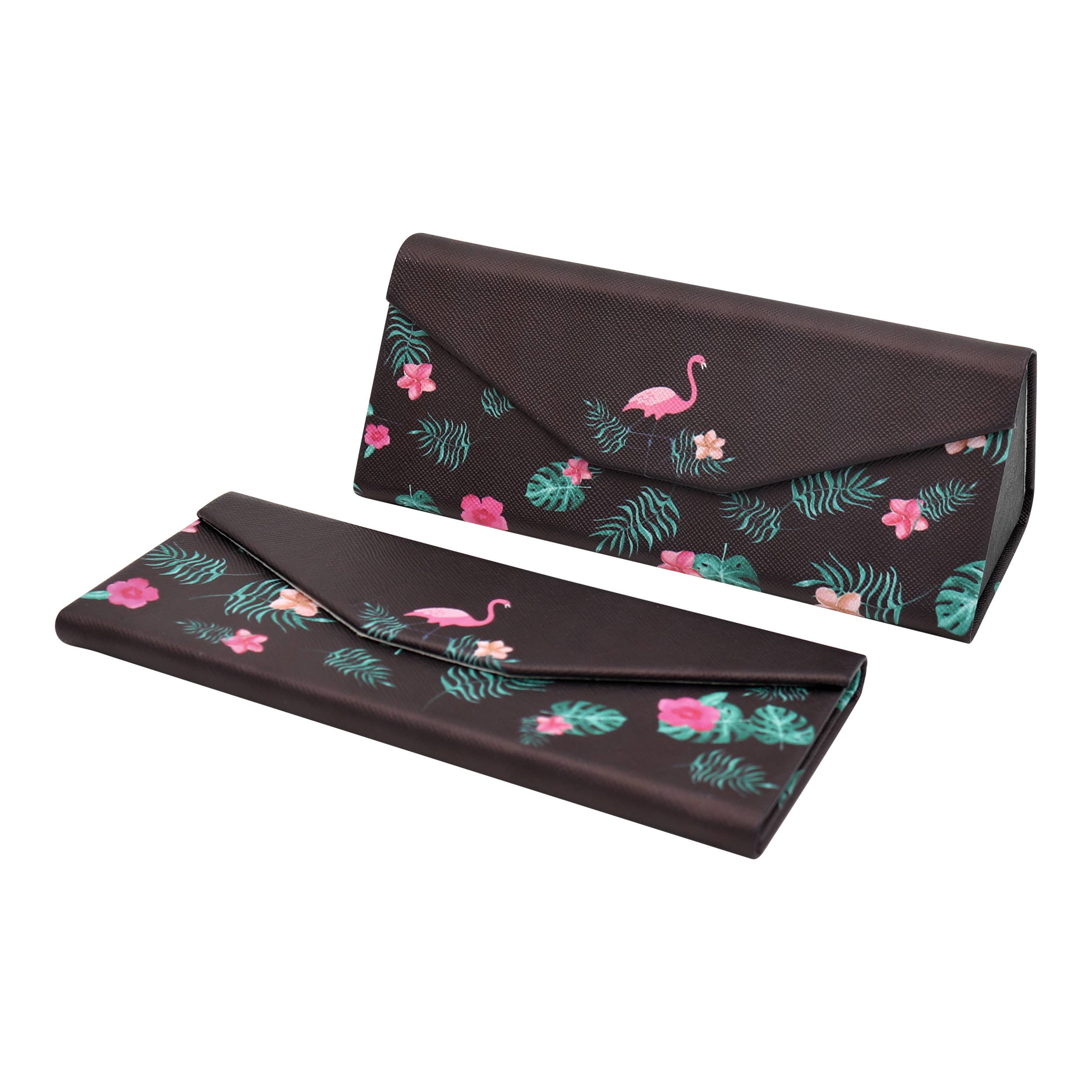 Brown eyeglass case with flamingo and leaf pattern on a white background
