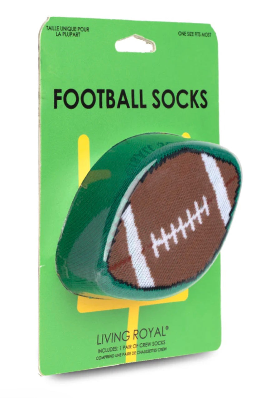 Packaged football-shaped socks with green border on a white background
