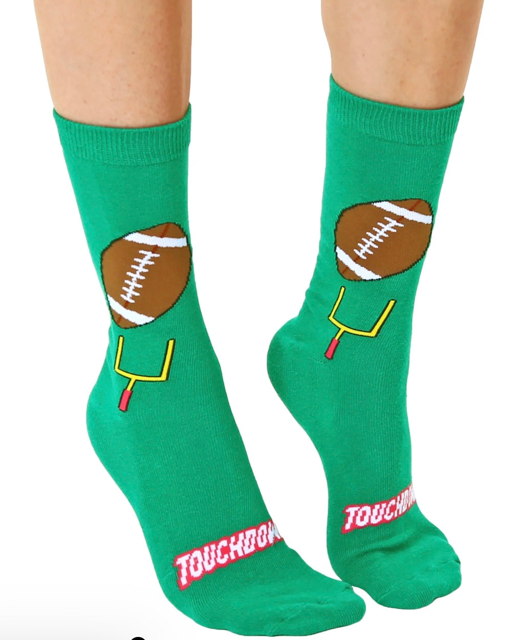 Green socks with football design and 'Touchdown' text on a white background