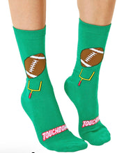Load image into Gallery viewer, Green socks with football design and 'Touchdown' text on a white background
