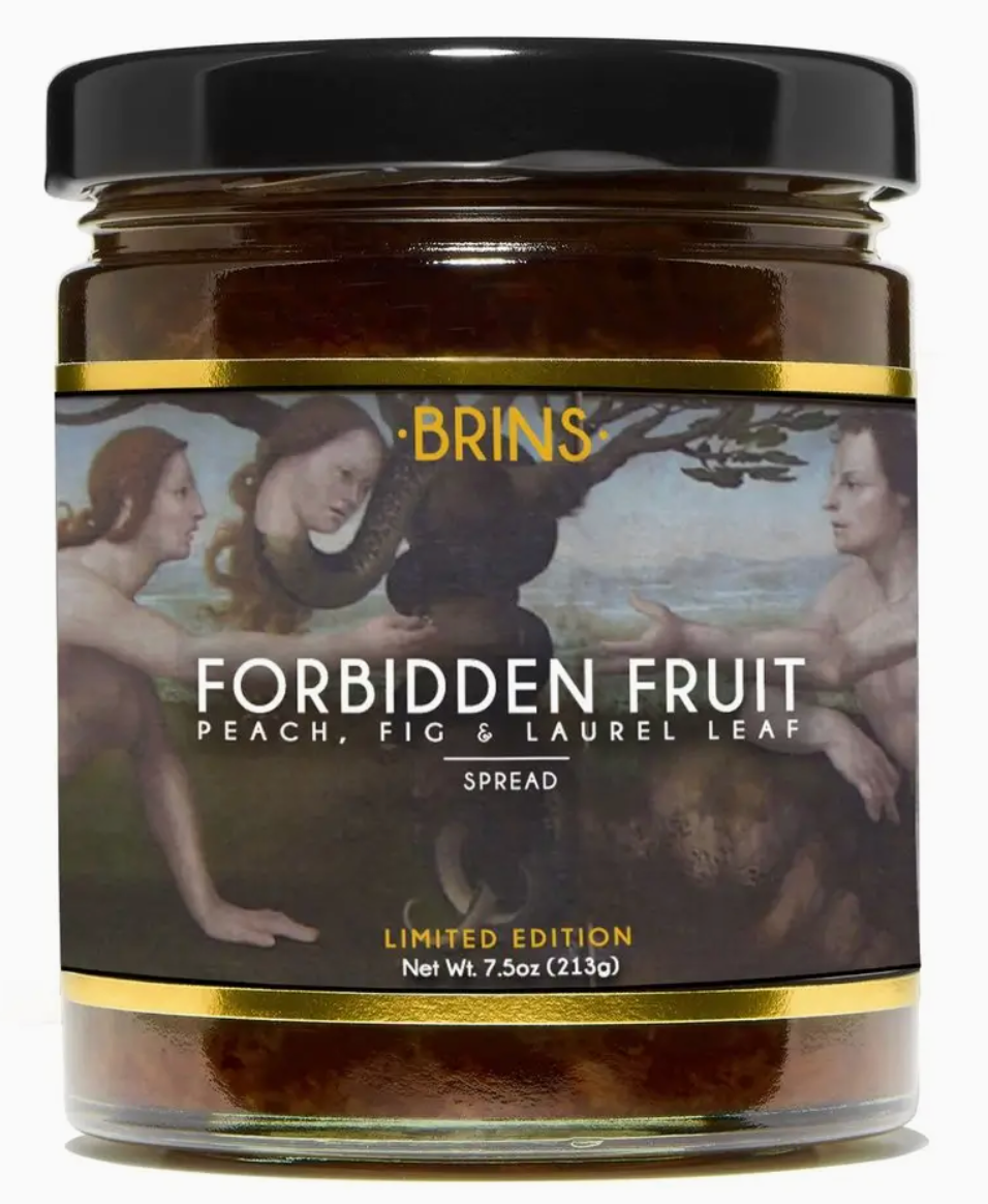 Jar of Brins Forbidden Fruit spread with classical painting design on label