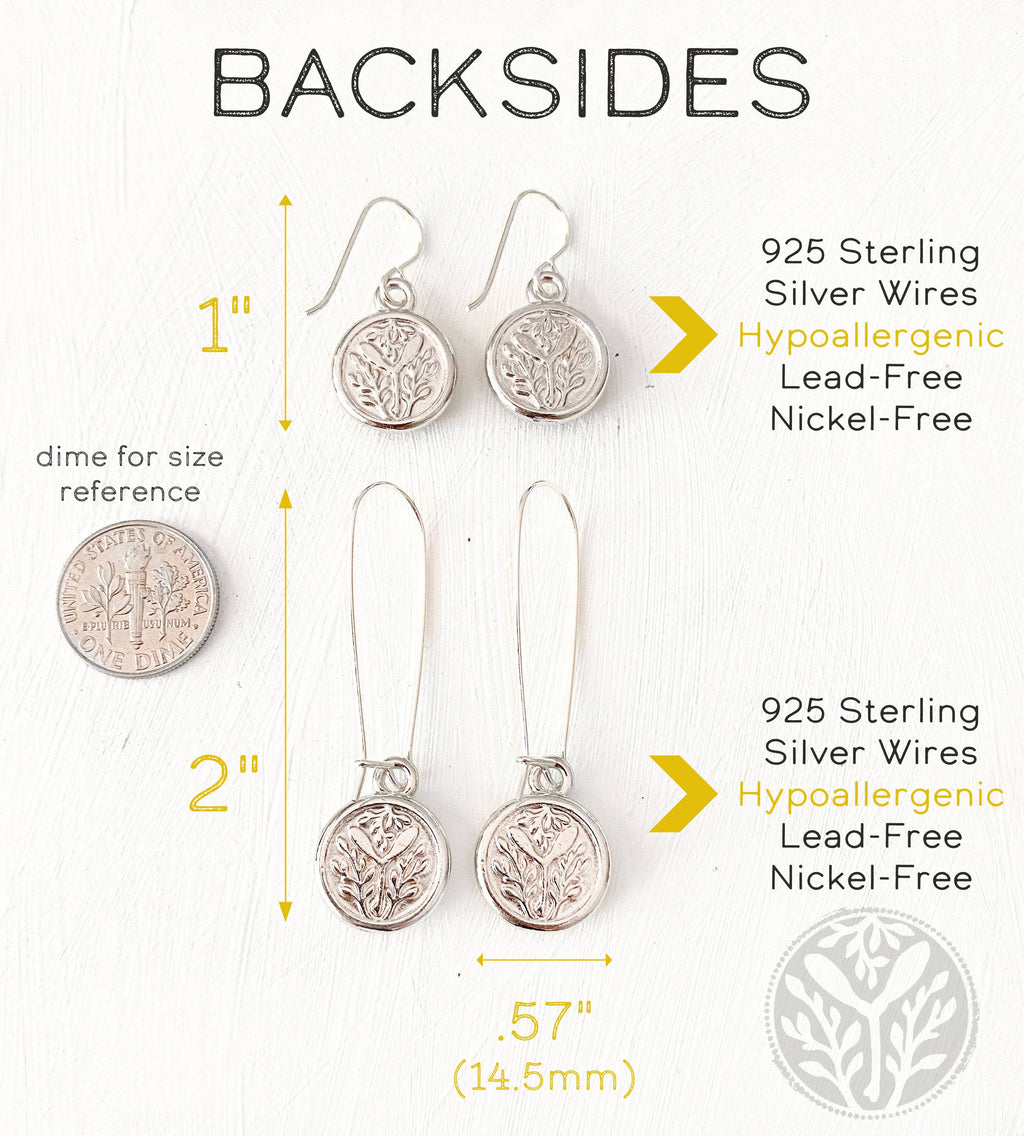 Silver earrings with measurements and material information on a white background