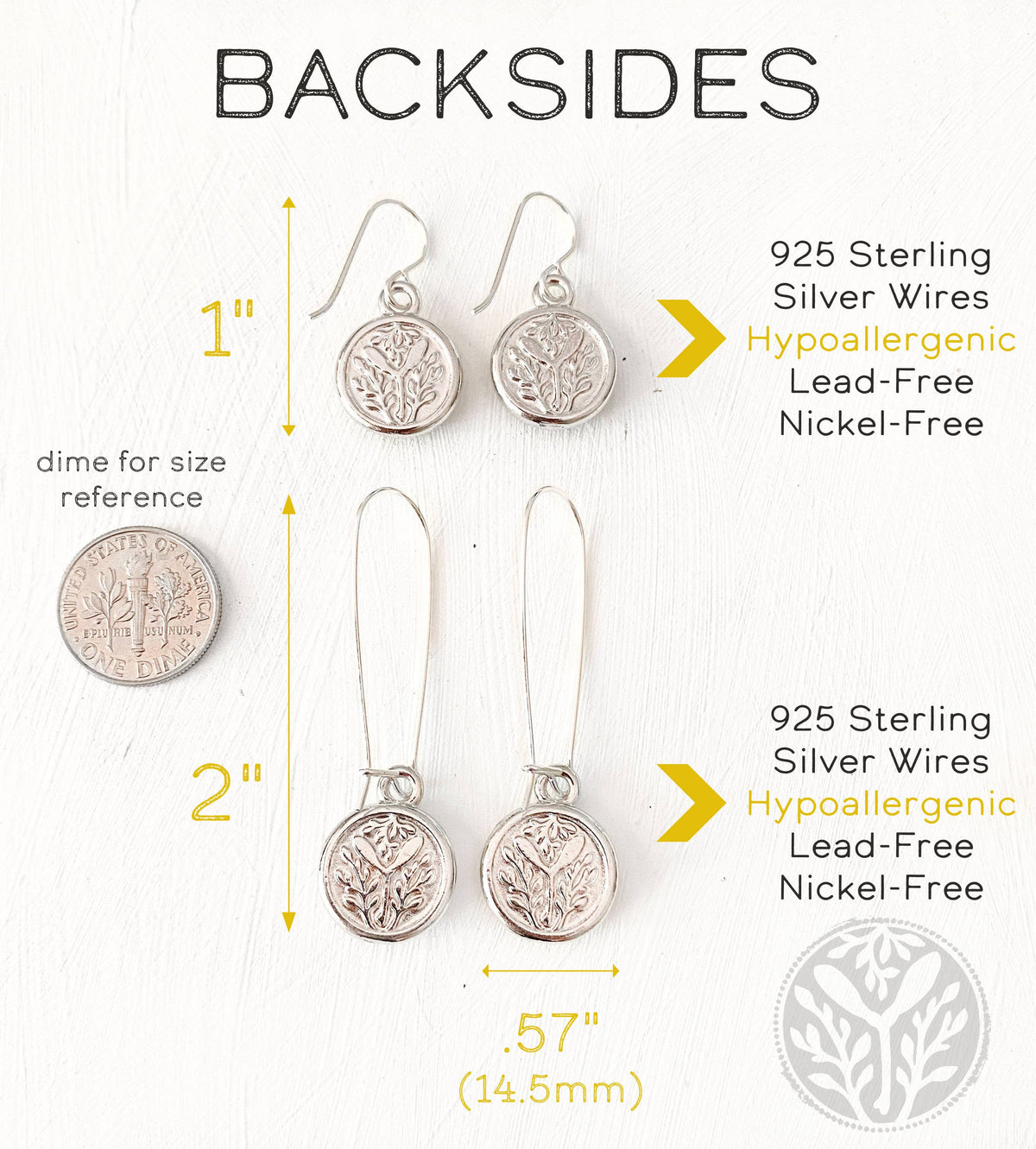 Silver earrings with measurements and material information on a white background