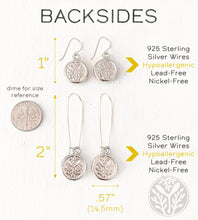 Load image into Gallery viewer, Silver earrings with measurements and material information on a white background
