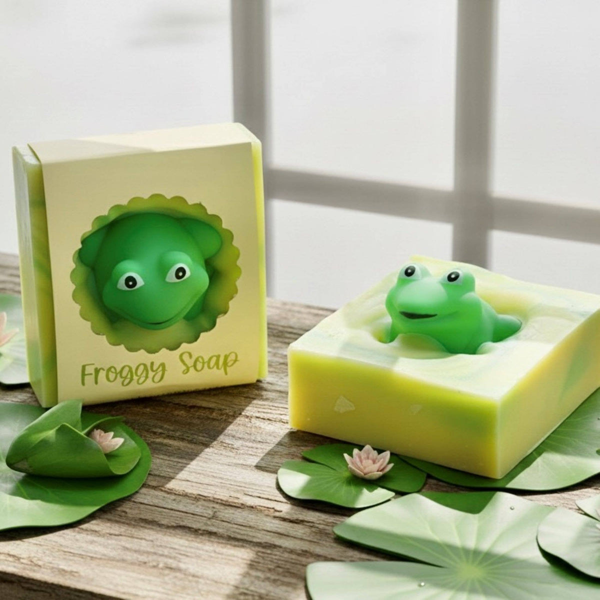 Green frog-shaped soap with packaging on a wooden surface with lily pads.