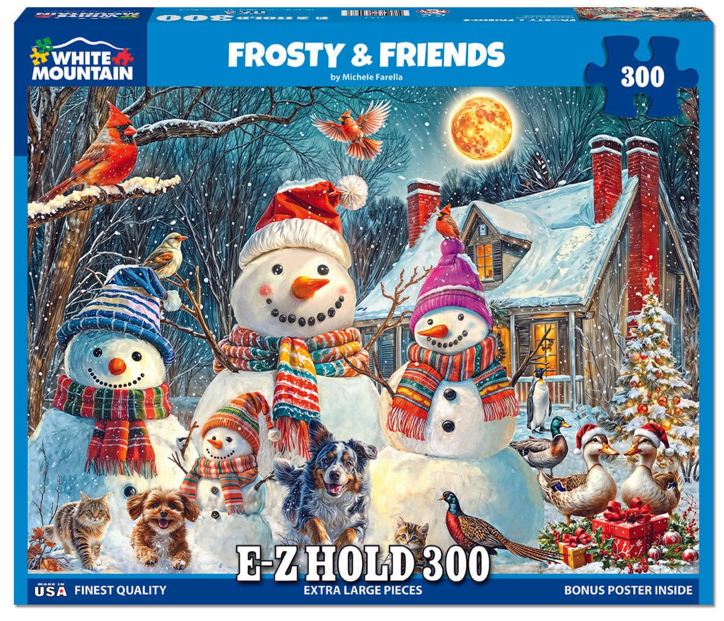 White Mountain Frosty & Friends jigsaw puzzle box, featuring a snowy winter scene with three snowmen, birds, ducks, chimneys, and a full moon. The box indicates 300 pieces and is labeled with the White Mountain brand.
