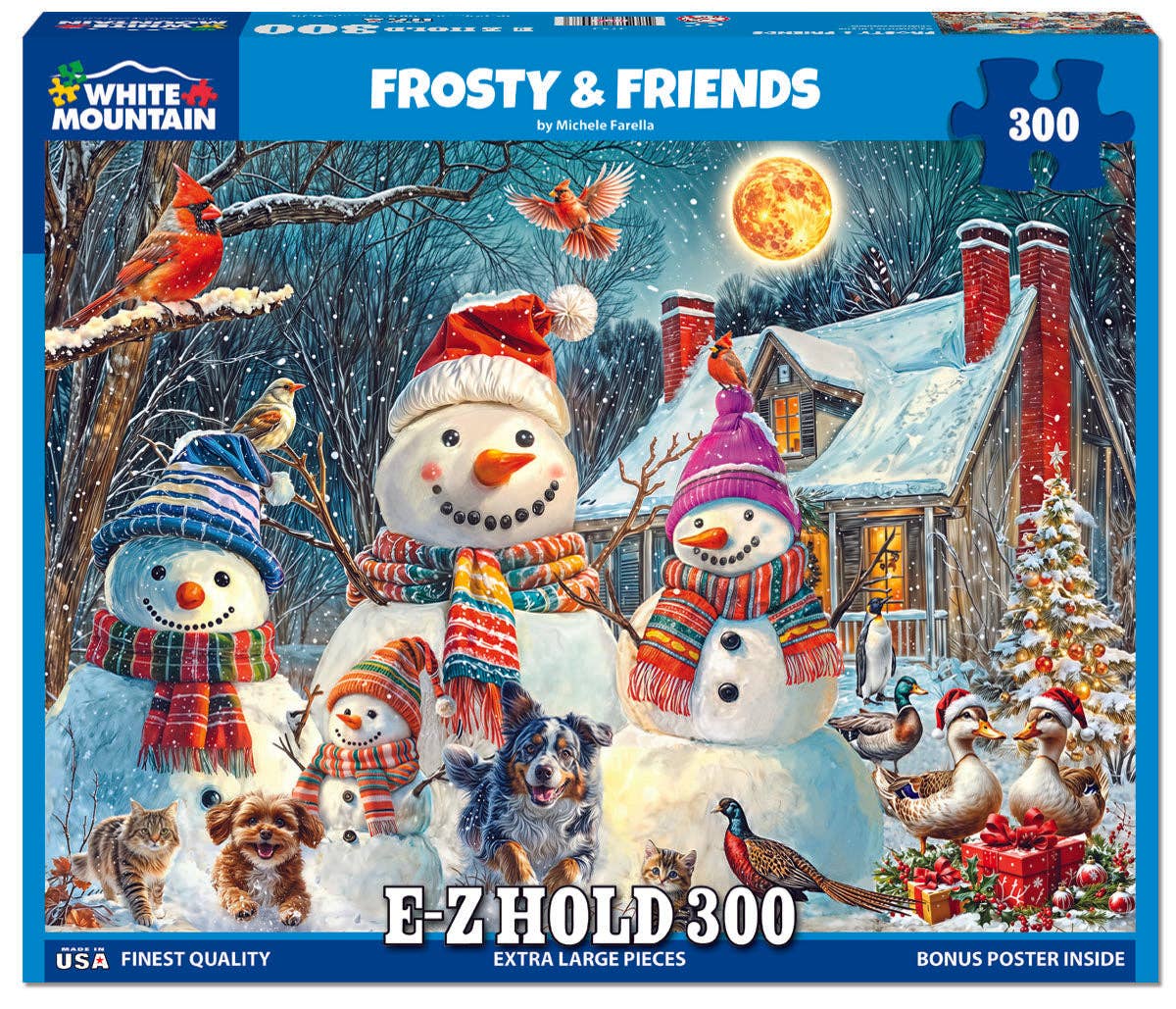 White Mountain Frosty & Friends jigsaw puzzle box, featuring a snowy winter scene with three snowmen, birds, ducks, chimneys, and a full moon. The box indicates 300 pieces and is labeled with the White Mountain brand.