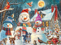 A festive winter holiday scene with three snowmen wearing colorful scarves and hats, dogs, cats, ducks, and birds around a snowy house under a full moon.