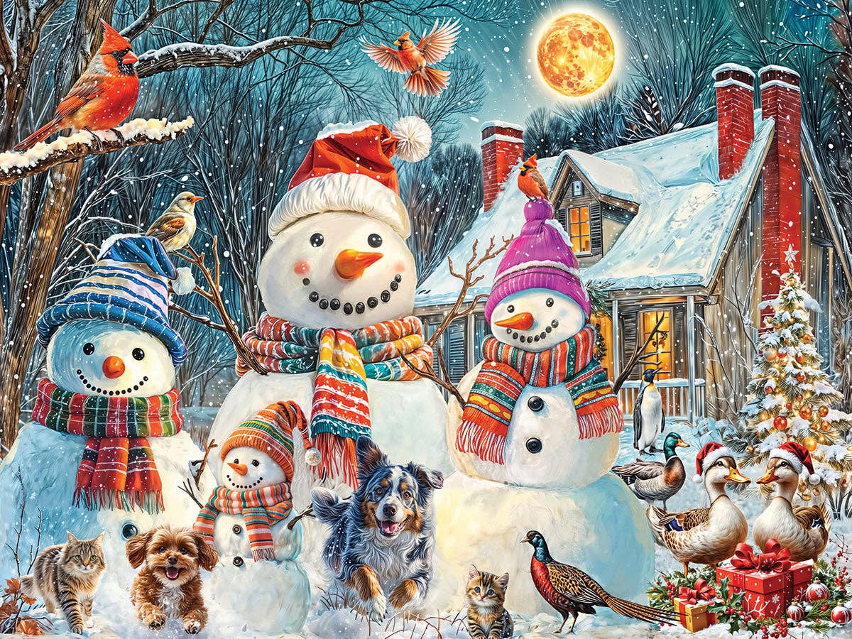 A festive winter holiday scene with three snowmen wearing colorful scarves and hats, dogs, cats, ducks, and birds around a snowy house under a full moon.