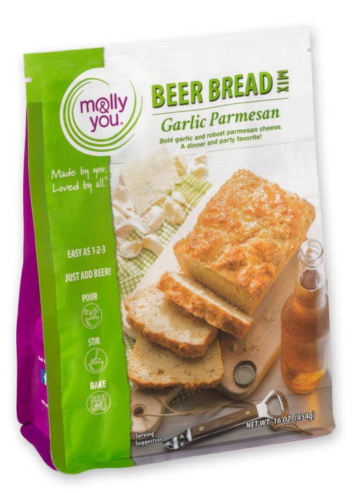 Molly You! Garlic Parmesan beer bread kit packaging on a white background
