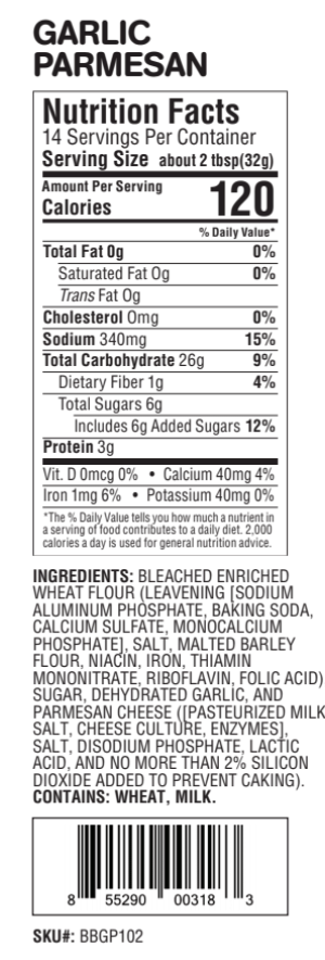 Nutrition facts label and ingredients list for Garlic Parmesan product