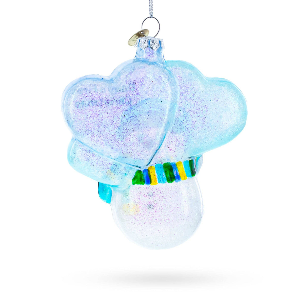 Glass snowman ornament with 'Baby's First Christmas' text on a white background back view
