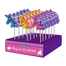 Load image into Gallery viewer, Unicorn-shaped lollipops on sticks with a display box labeled 'Melville &amp; Co. Magical Lollipops' on a white background.
