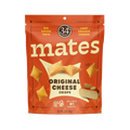 Packaging of 'mates' original cheese crisps with red background and yellow text.