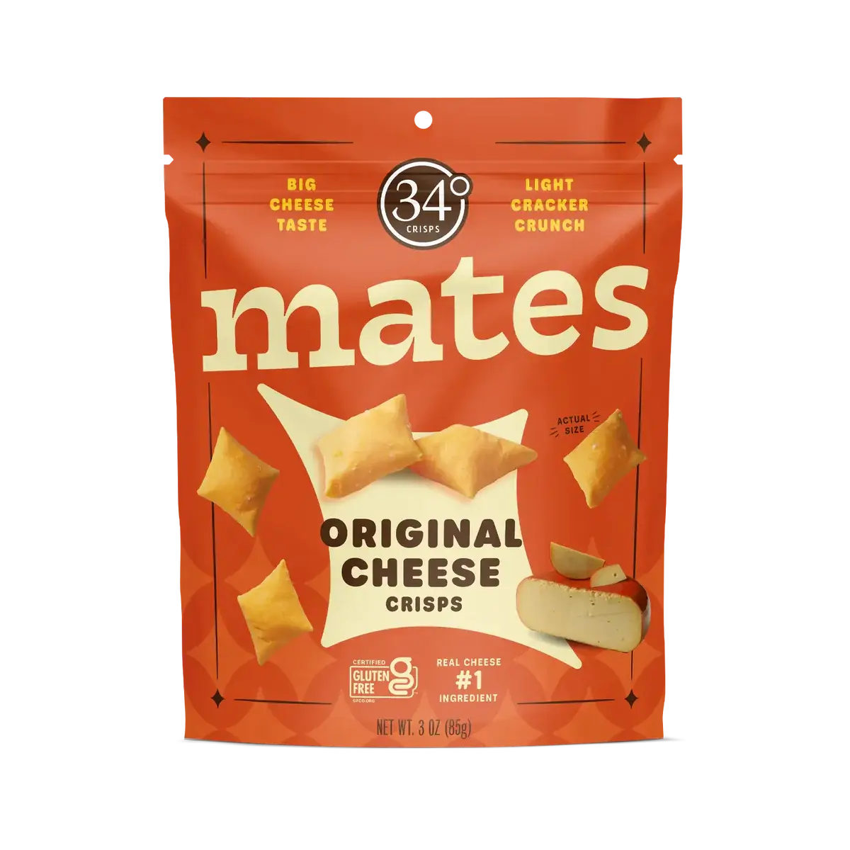 Packaging of 'mates' original cheese crisps with red background and yellow text.