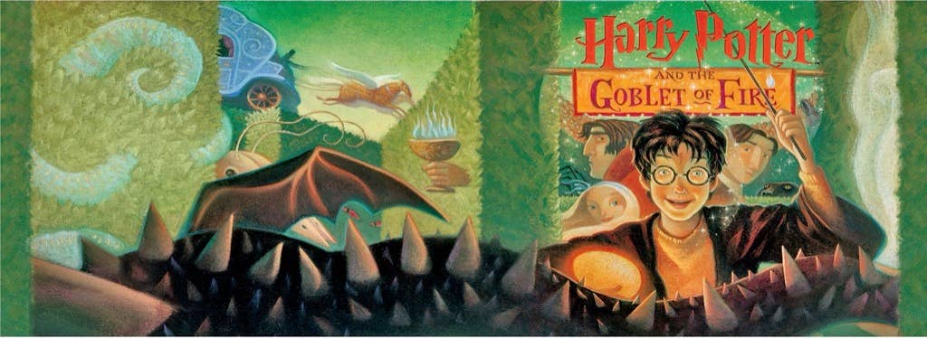 Book cover of 'Harry Potter and the Goblet of Fire' with characters and creatures from the series.