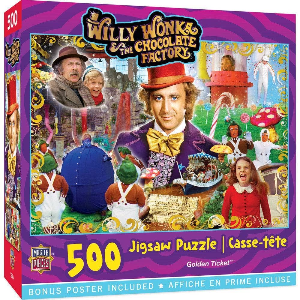 A 500-piece jigsaw puzzle box for 'Willy Wonka & The Chocolate Factory - Golden Ticket'. The packaging features a highly colorful, detailed collage of characters and scenes from the movie, with the title at the top and '500 Jigsaw Puzzle' in bold yellow text at the bottom.