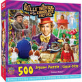 A 500-piece jigsaw puzzle box for 'Willy Wonka & The Chocolate Factory - Golden Ticket'. The packaging features a highly colorful, detailed collage of characters and scenes from the movie, with the title at the top and '500 Jigsaw Puzzle' in bold yellow text at the bottom.