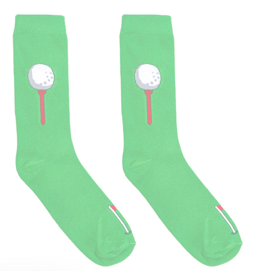 Green socks with golf ball and tee design on a white background

