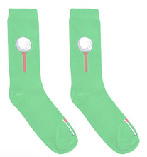 Load image into Gallery viewer, Green socks with golf ball and tee design on a white background


