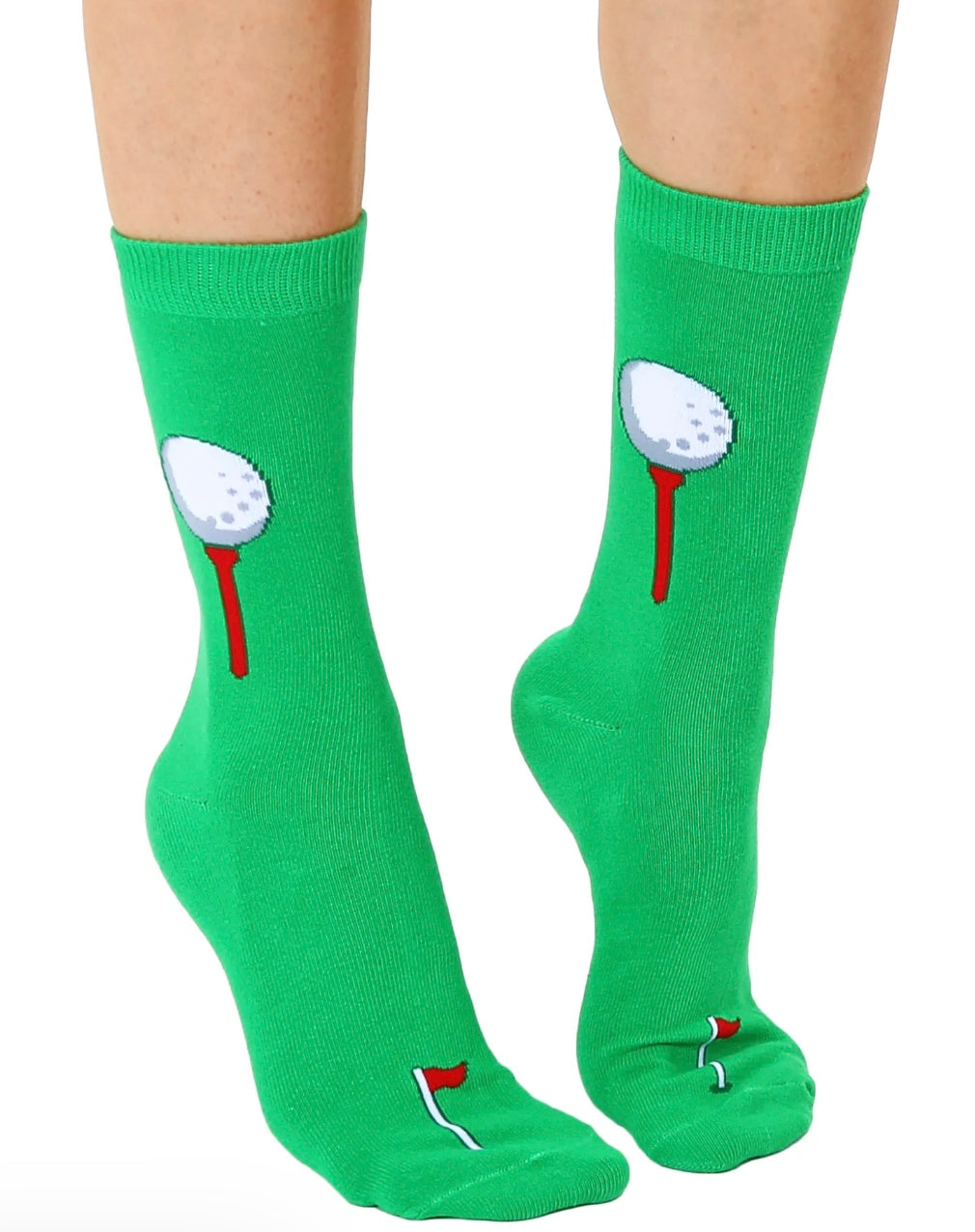 Green socks with golf club and ball design on a white background