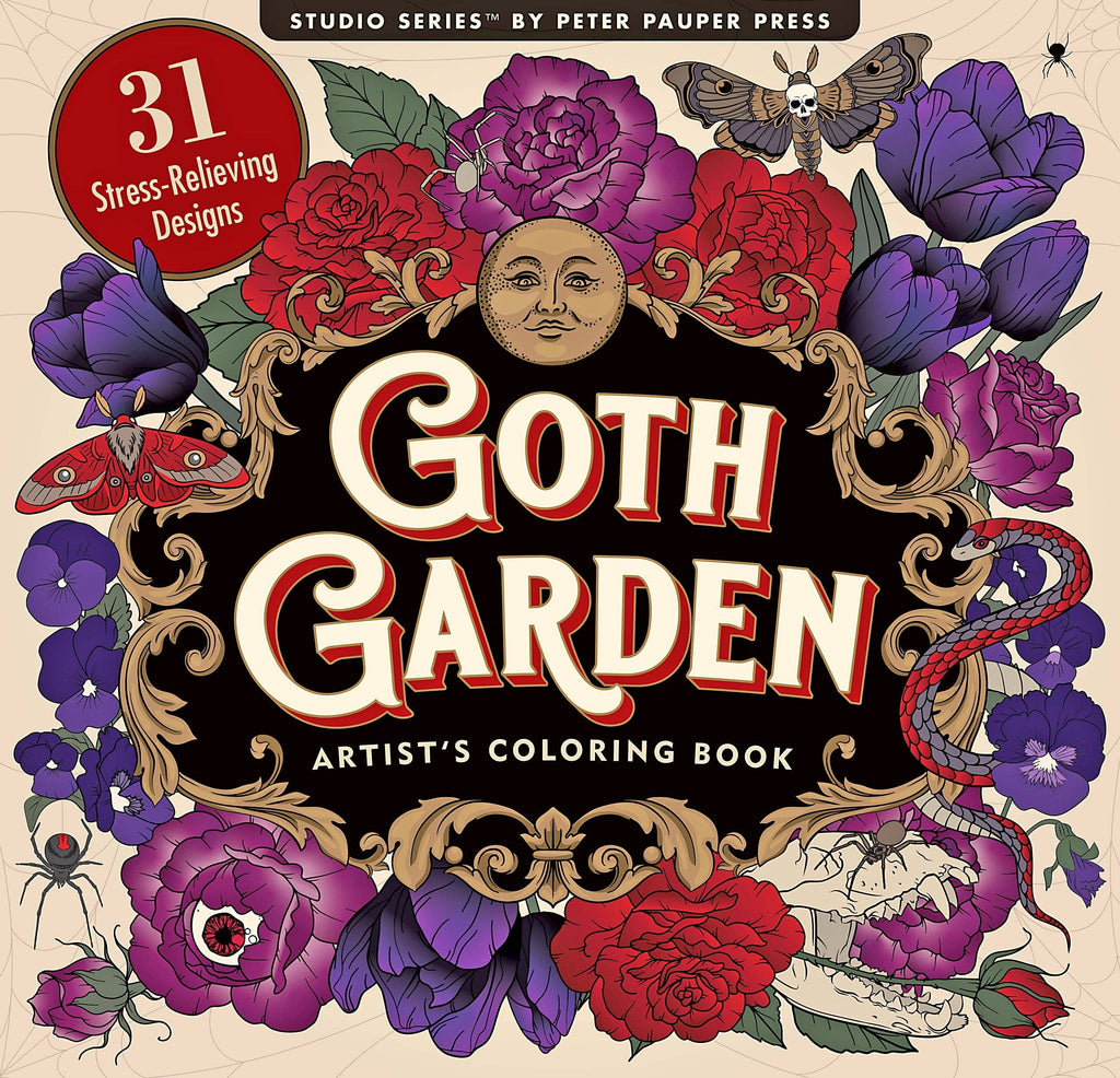 Coloring book cover titled 'Goth Garden' with floral designs and text.